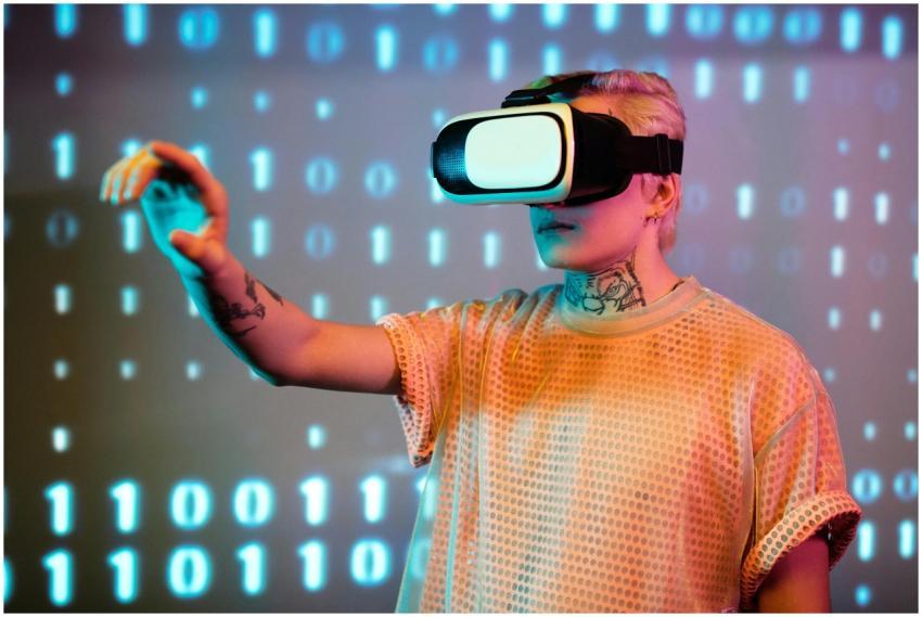 A person experiences virtual reality with a headse