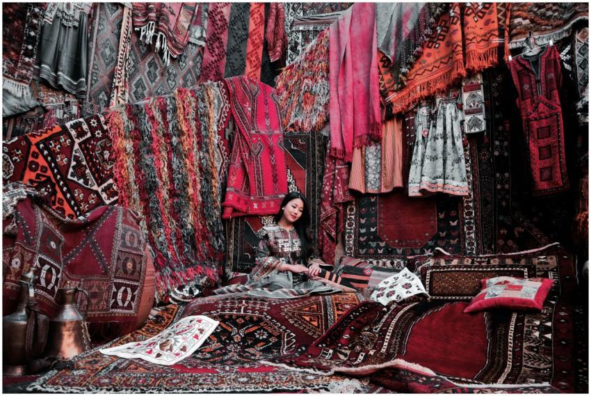 A vibrant display of traditional Turkish rugs and