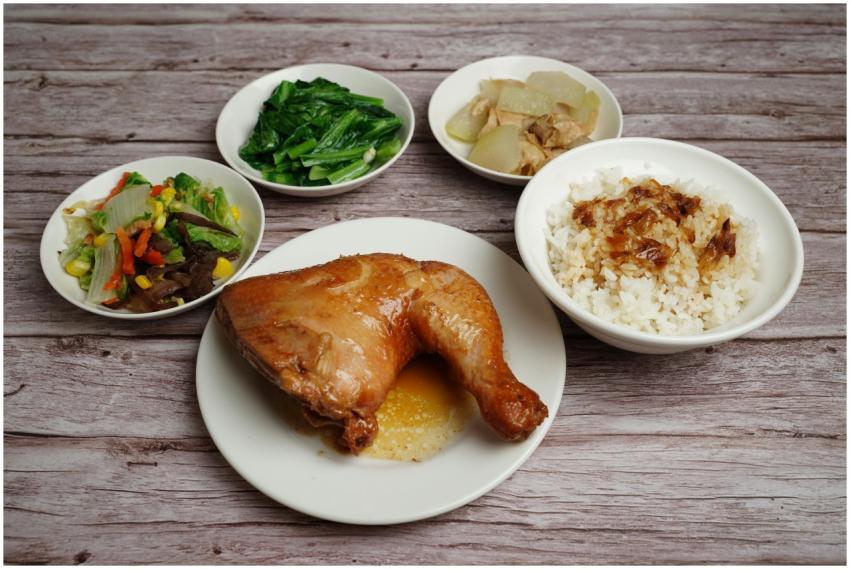 Delicious Asian meal featuring chicken drumstick,