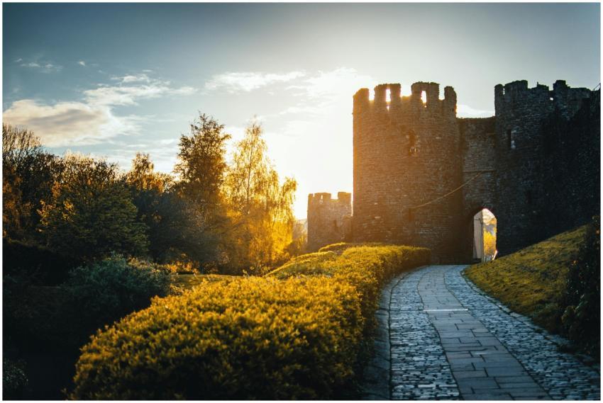 Charming view of a medieval castle with a garden p