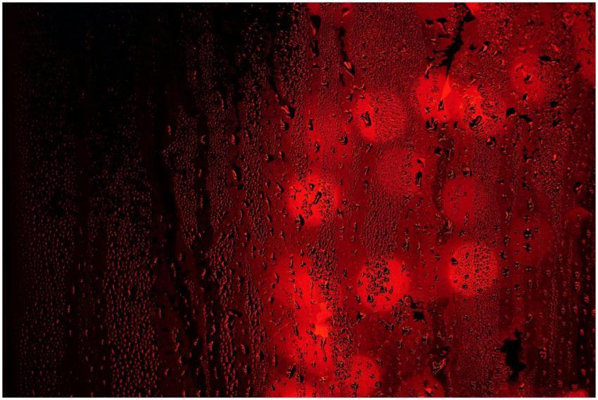 Close-up of raindrops on a red and black surface w