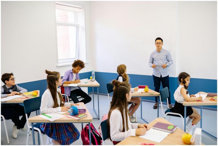 Teacher instructing a diverse group of elementary