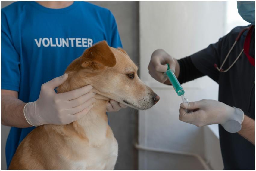 A veterinarian prepares to vaccinate a dog, assist