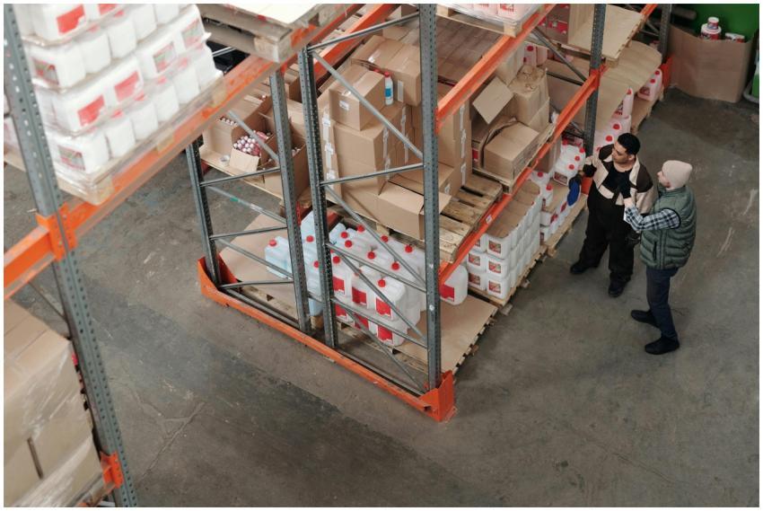 Two warehouse workers discussing logistics beside