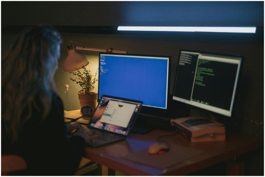 Woman using multiple screens for cybersecurity tas