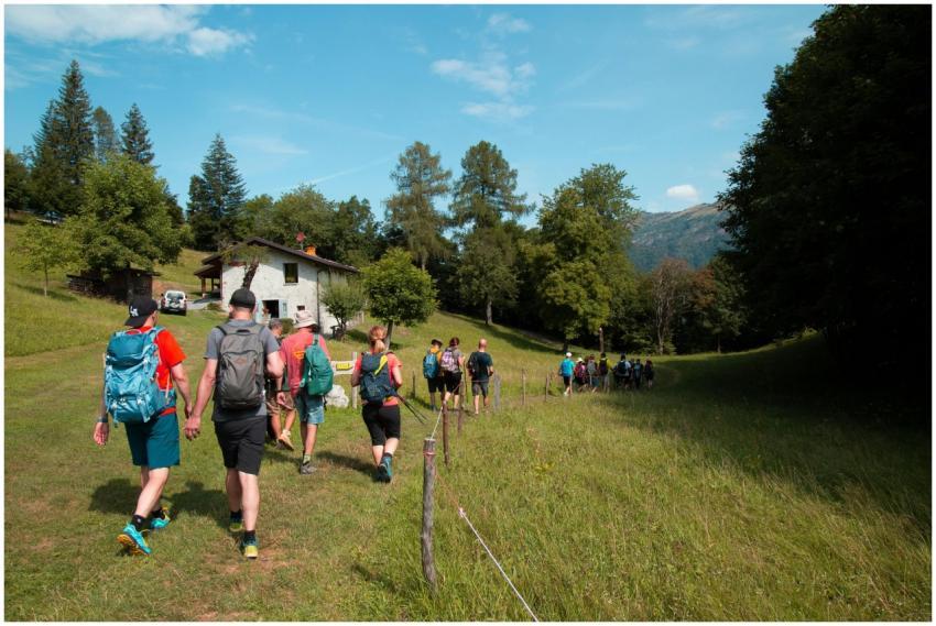 A group of hikers exploring a lush green valley du