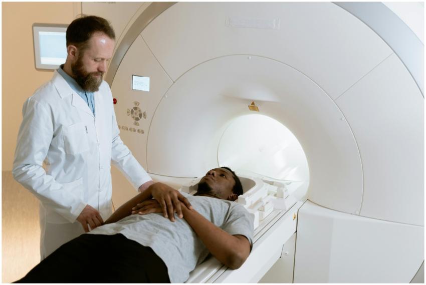 Medical professional preparing patient for MRI sca