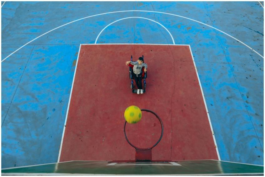 Aerial view of a person in a wheelchair playing ba