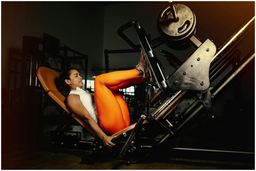 Young woman performing leg press exercise in a gym