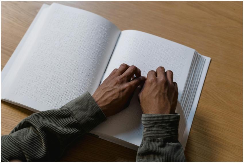 Hands reading a braille book on a wooden table, sh