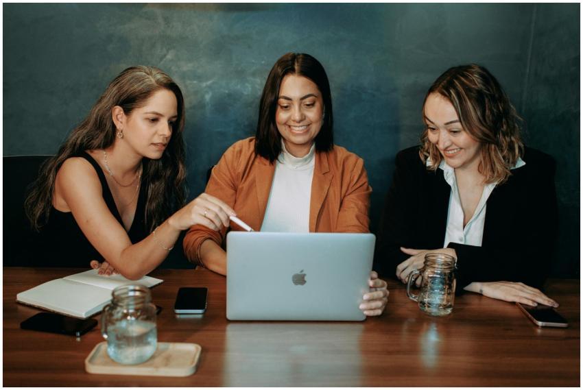 Three women engaged in a business meeting, collabo
