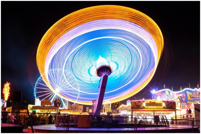Long exposure capture of a colorful amusement park