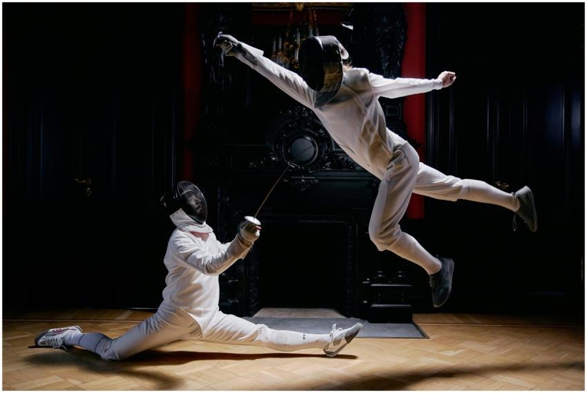 Two fencers engaged in an elegant duel showing imp