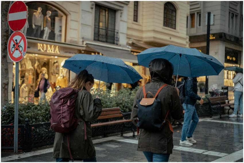 People walking with umbrellas on a rainy day in a