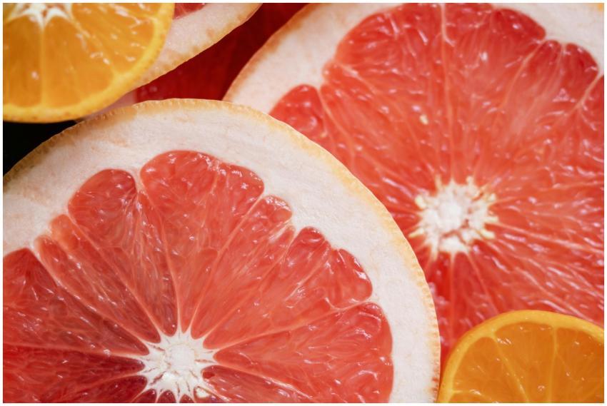 Detailed image of grapefruit and orange slices sho