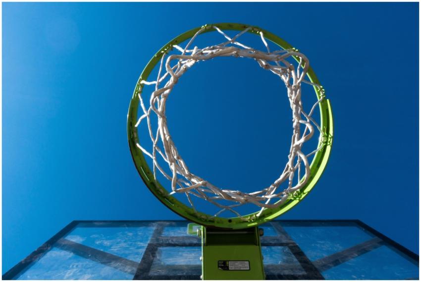A view from below of a basketball hoop and net aga