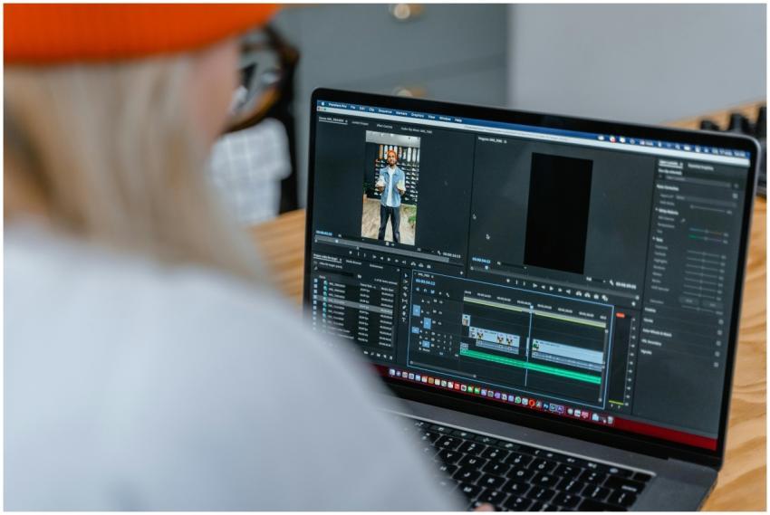 Close-up of video editing software on laptop, focu