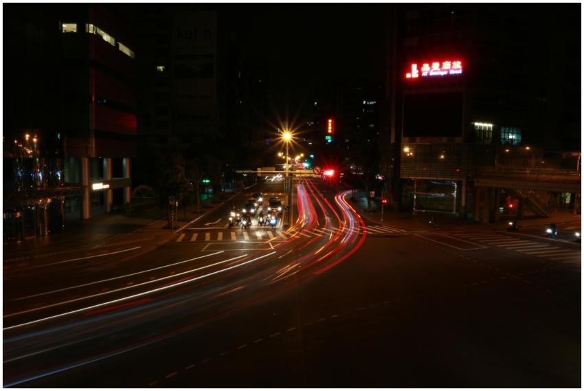 Dynamic city street at night with light streaks fr