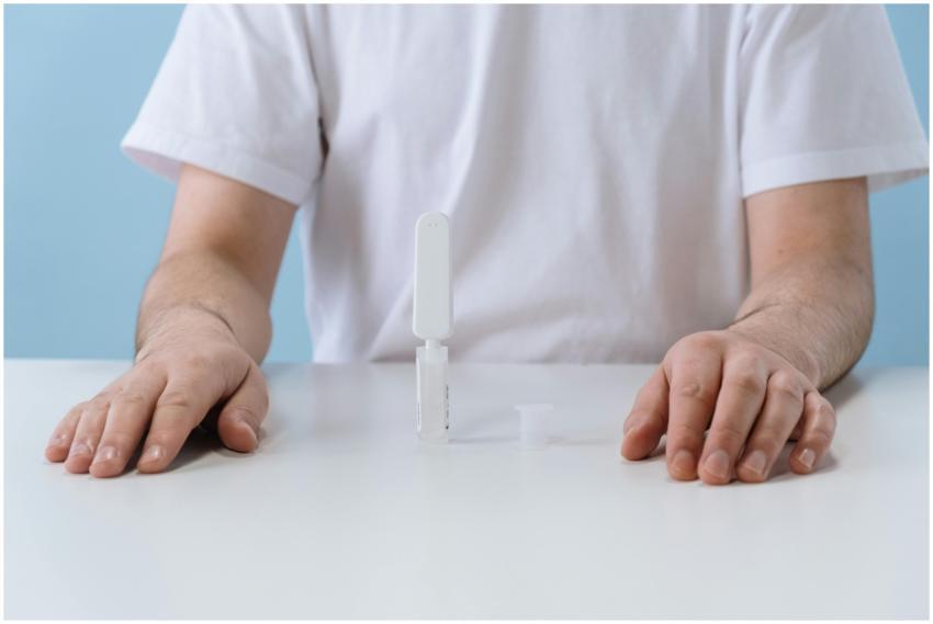 A person conducting an HIV test using an OraQuick