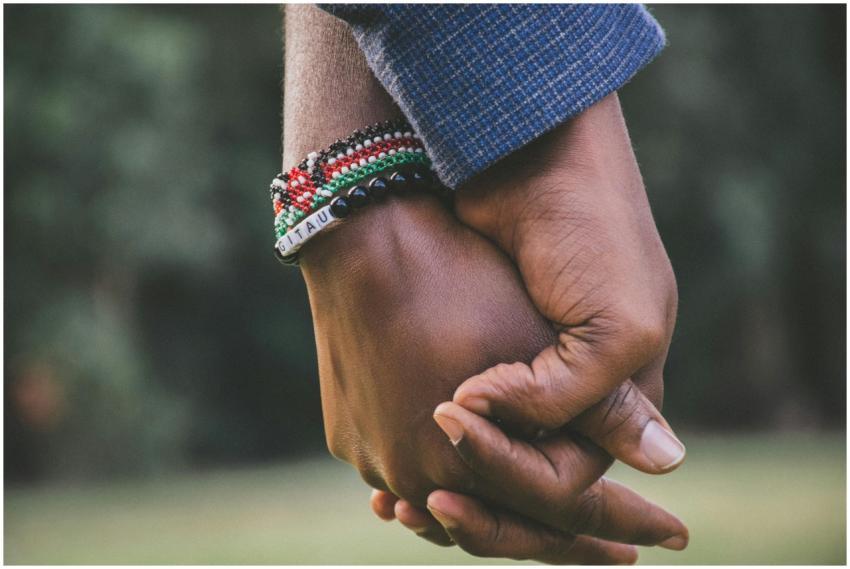 A close-up view of a couple holding hands, symboli