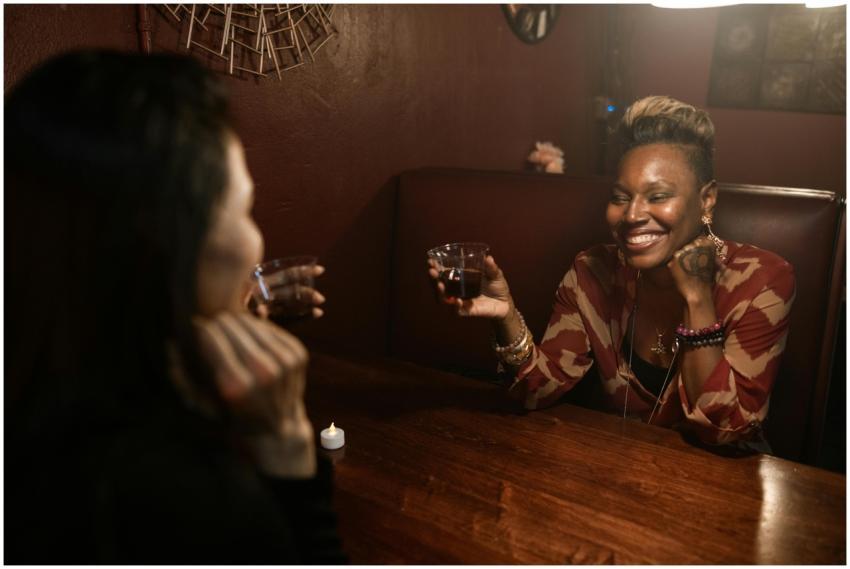 Two women enjoying a cozy night out with drinks in