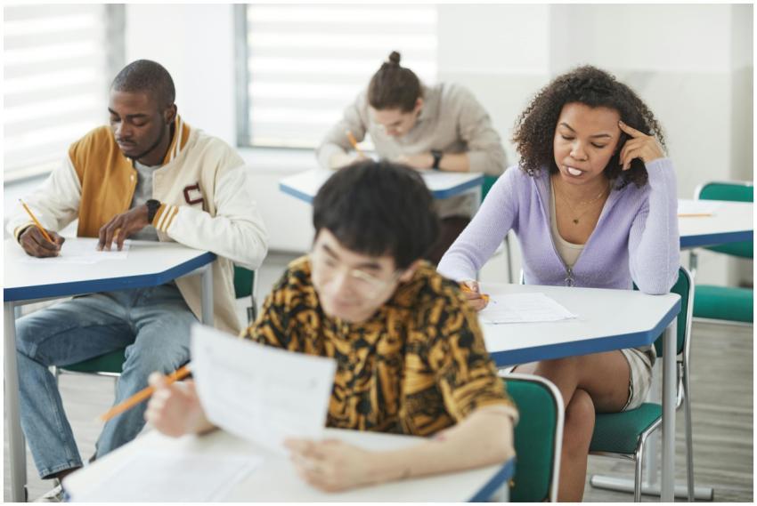 Students of various backgrounds focused on an exam
