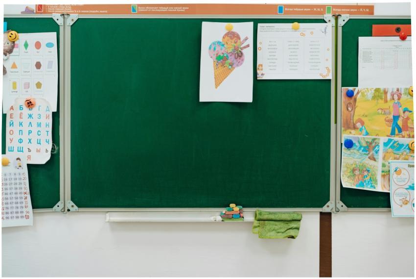 A classroom chalkboard adorned with educational po