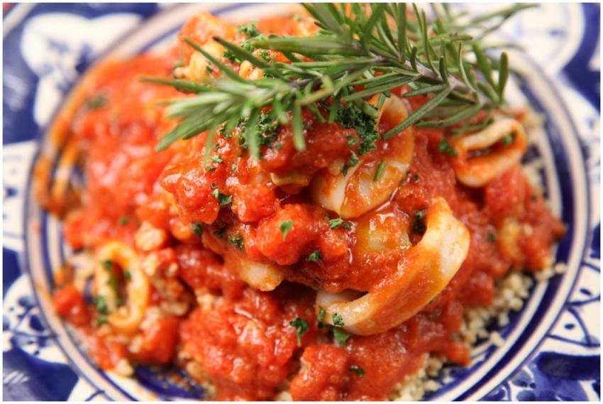 Delicious Italian-style seafood dish topped with f
