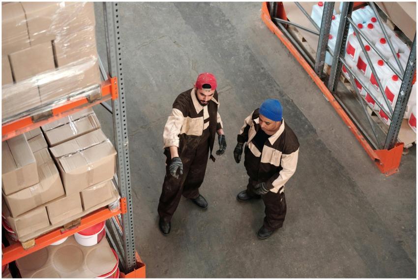 Two adult men in a warehouse communicating about s