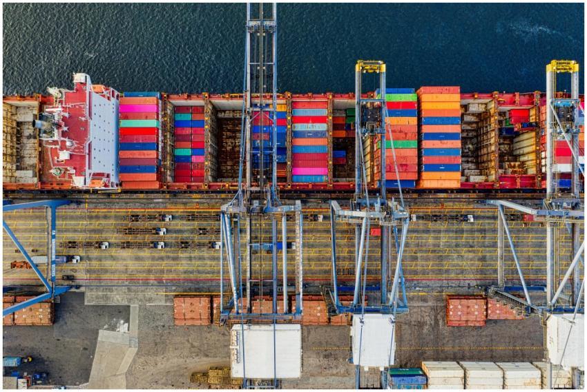 Aerial view of colorful cargo containers at a bust