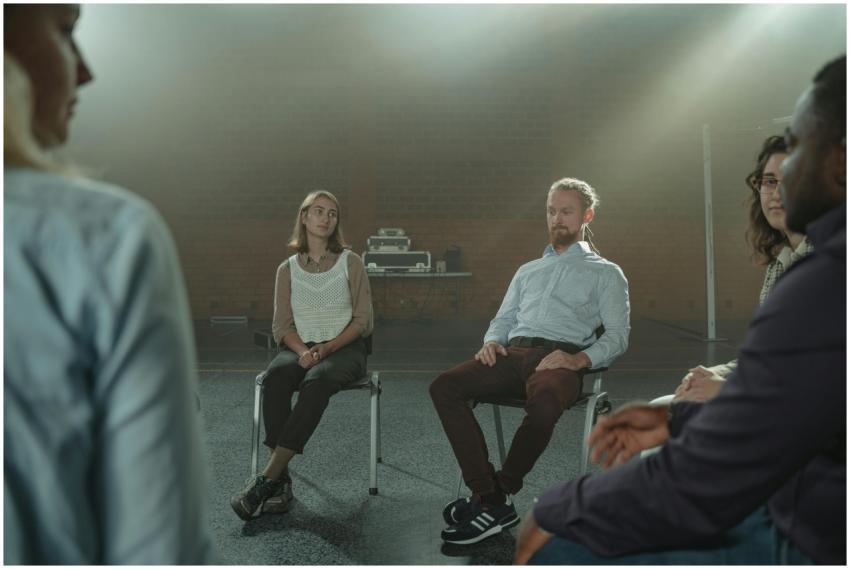 A diverse group of adults engaged in a thoughtful