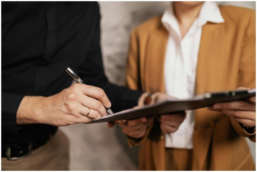 Close-up of two professionals signing a document i
