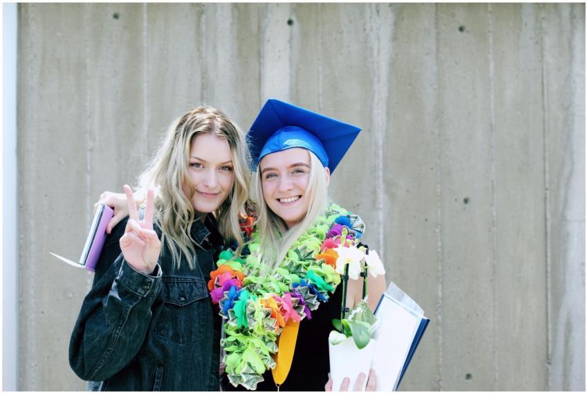Two young women celebrating graduation outdoors wi