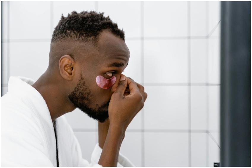 Side view of a man applying under eye mask, focusi