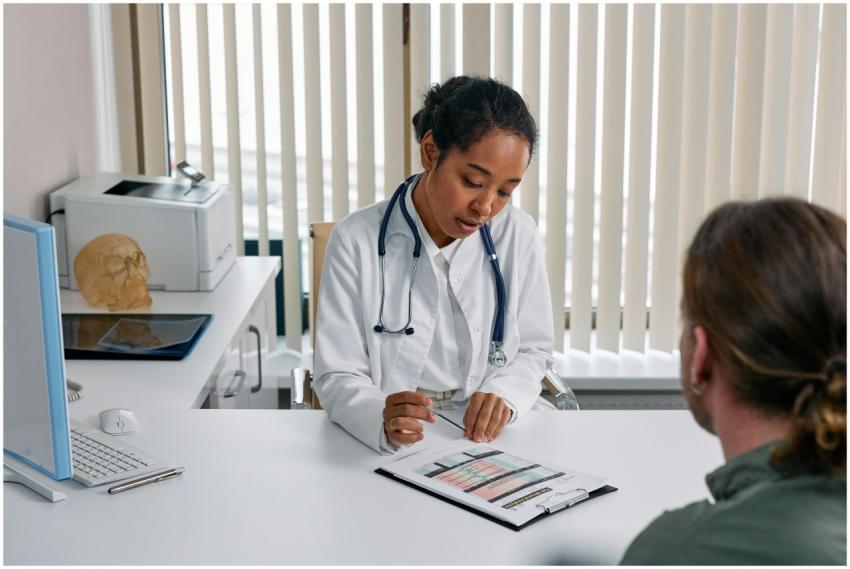 A doctor consulting with a patient in an office, d