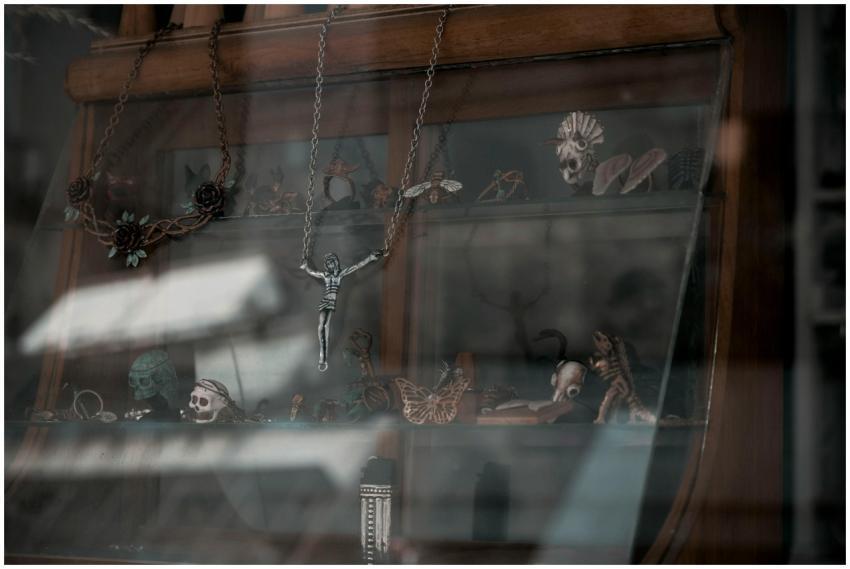 Explore a unique vintage display featuring necklac