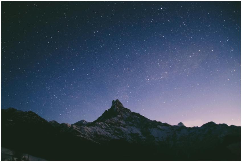 Starry night sky over snow-capped Annapurna range