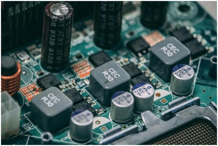 Detailed view of electronic components on a circui
