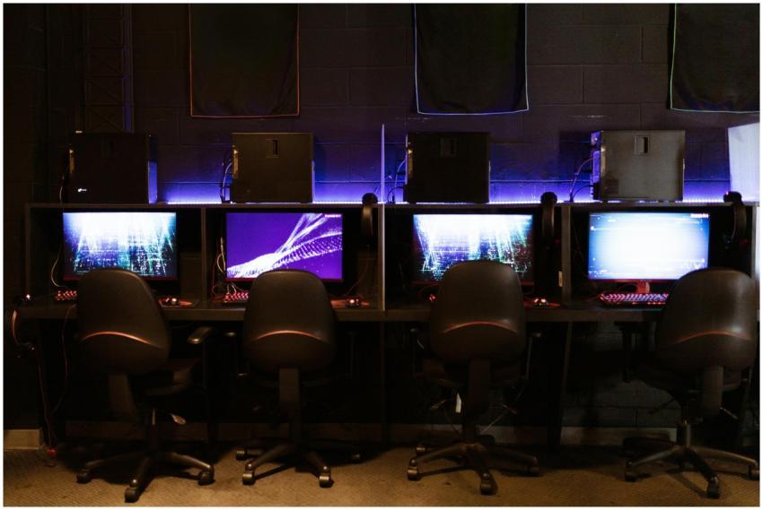 A modern gaming setup with multiple computers and