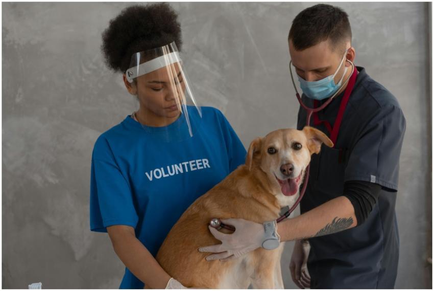 Veterinarian and volunteer care for a dog during a