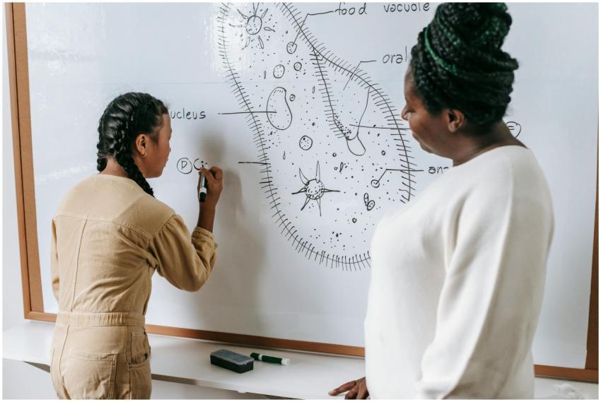 A student writes on a whiteboard with a teacher ob
