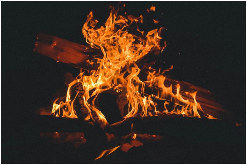 Close-up of a campfire blazing against the night,