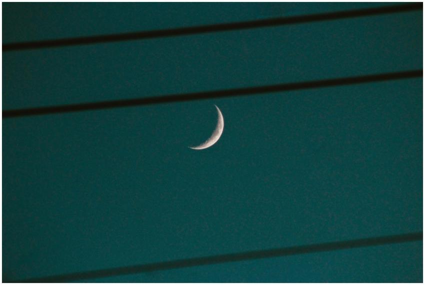 A crescent moon shines brightly in a clear night s
