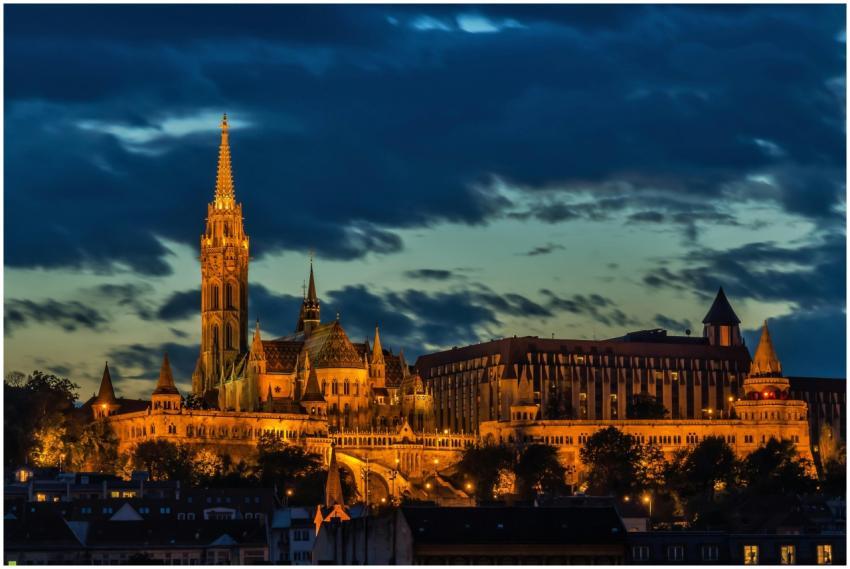 Captivating view of Matthias Church lit up at nigh