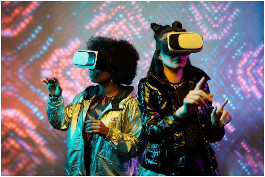 Two women enjoying a vibrant virtual reality exper