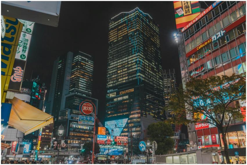 Night scene of Tokyo with illuminated skyscrapers