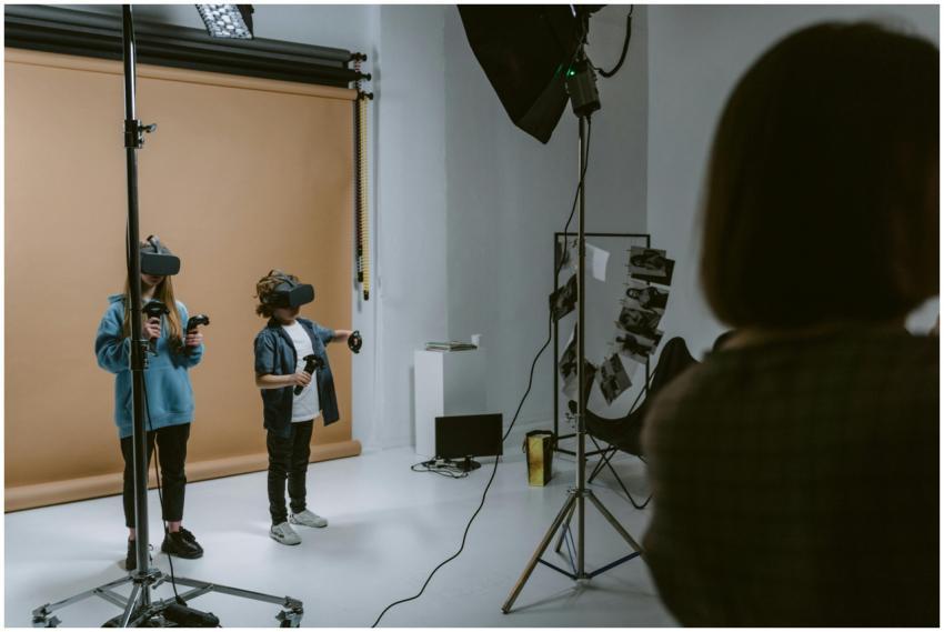 Two kids experience virtual reality gaming in a pr