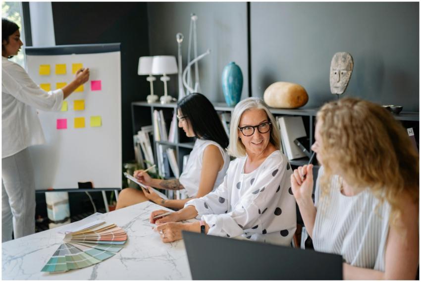 Diverse women collaborating in a stylish office du