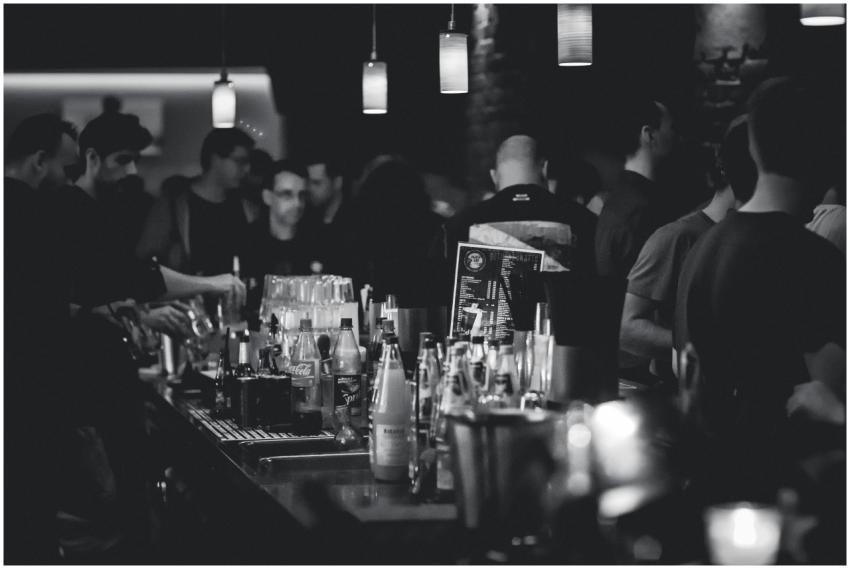 Black and white photo capturing the lively atmosph