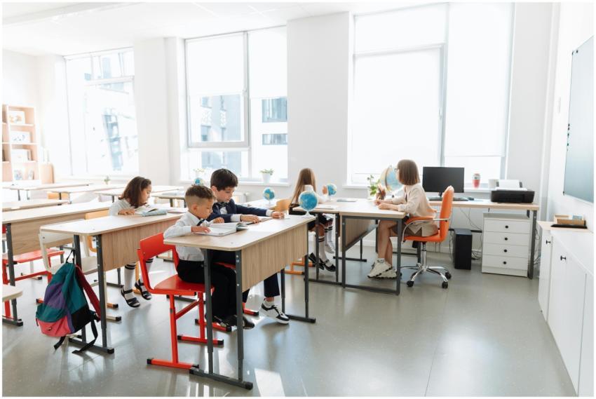 Elementary students studying together in a bright